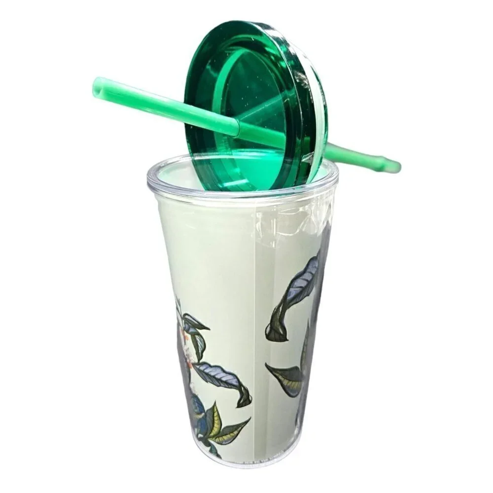 2021 Starbucks Tumbler Cup 16 ozs Seal‎ Lid Straw Green Orange Floral Tropical